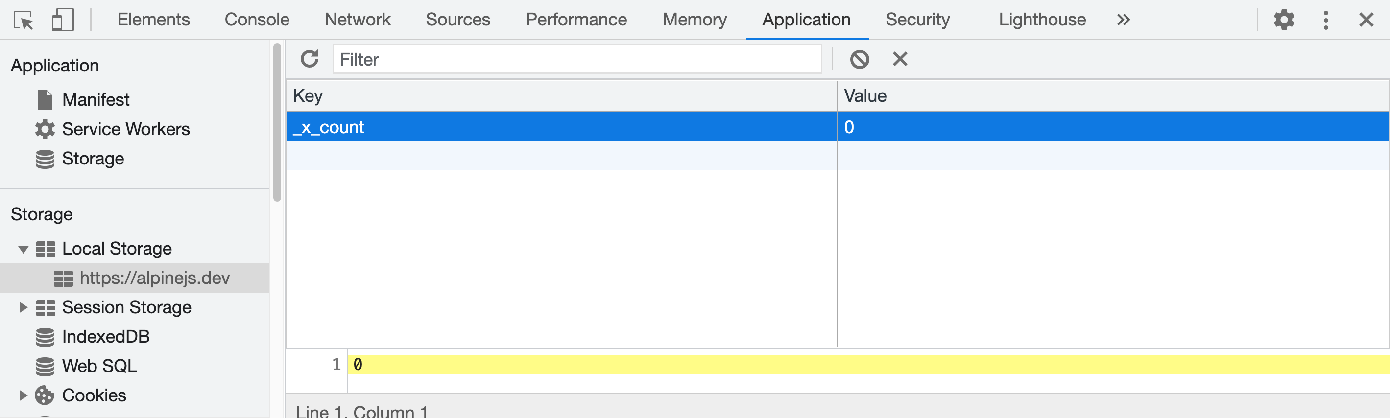 Chrome devtools showing the localStorage view with count set to 0